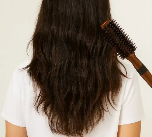 Person with long dark hair using a round brush