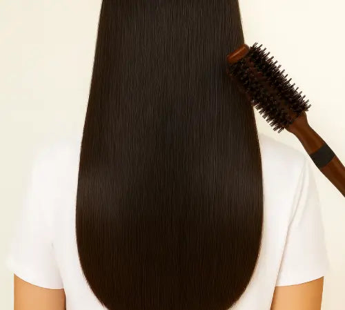 Person with long, straight hair using a round brush