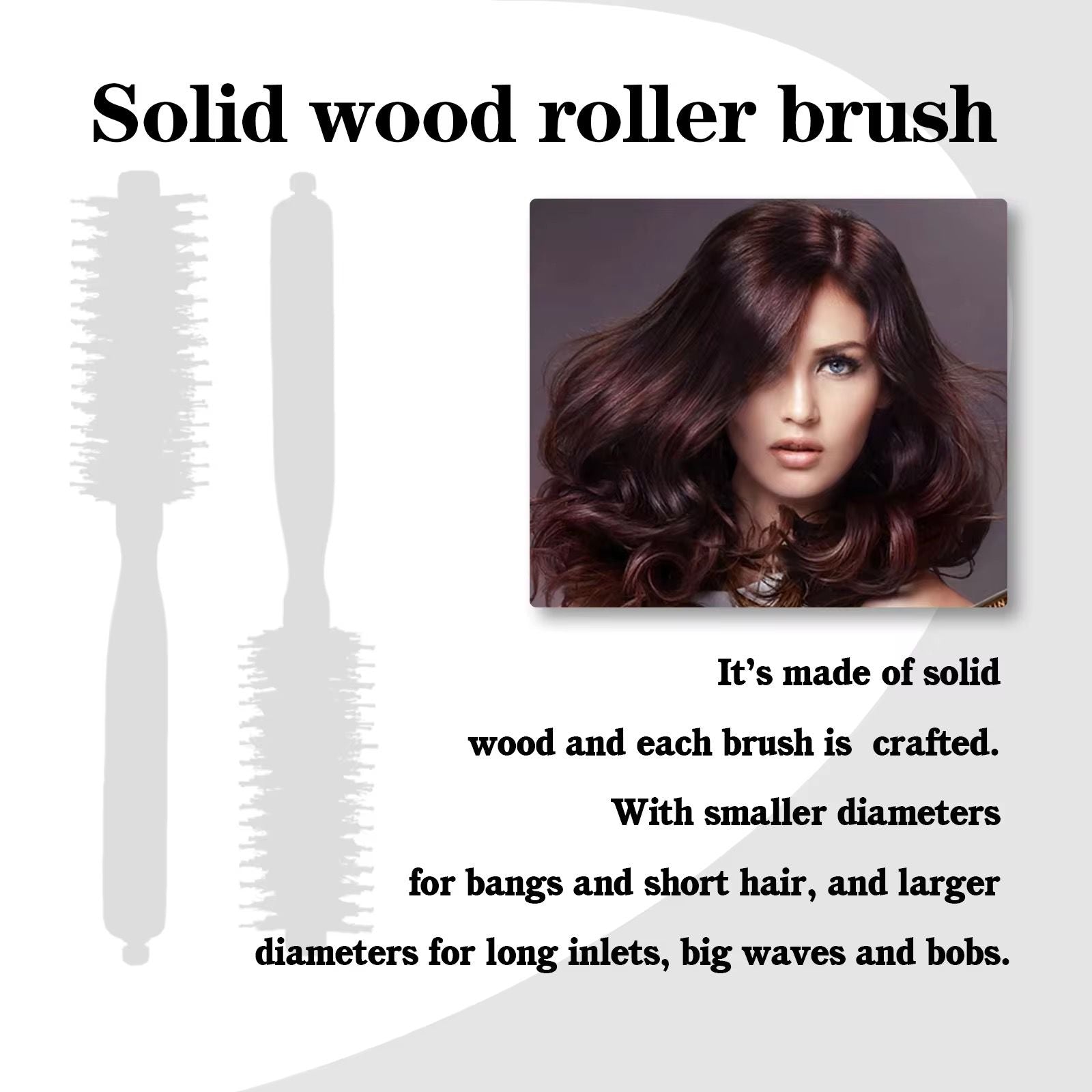 Solid wood roller brush with a woman's hair before and after use.