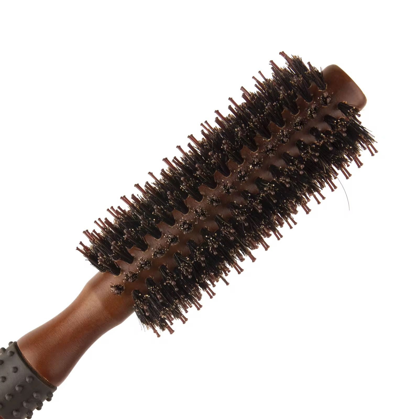 A close-up of a professional wooden hair brush with boar bristles, designed for detangling and styling hair.